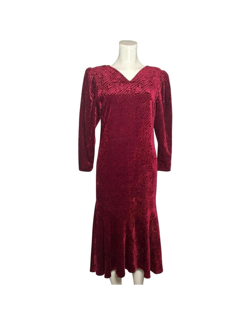 Vintage 80s Red Velvet Burnout Dress Small 1930s Bias Cut Flounce Hem Midi Glam